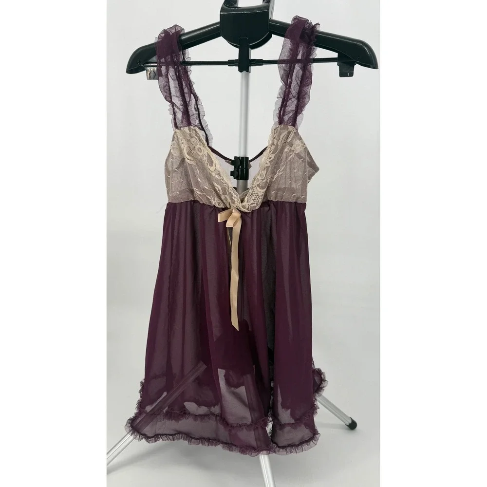 Ambrielle Plum Purple Sheer Lace Babydoll Coquette Romantic‎ Ruffles Nightgown S